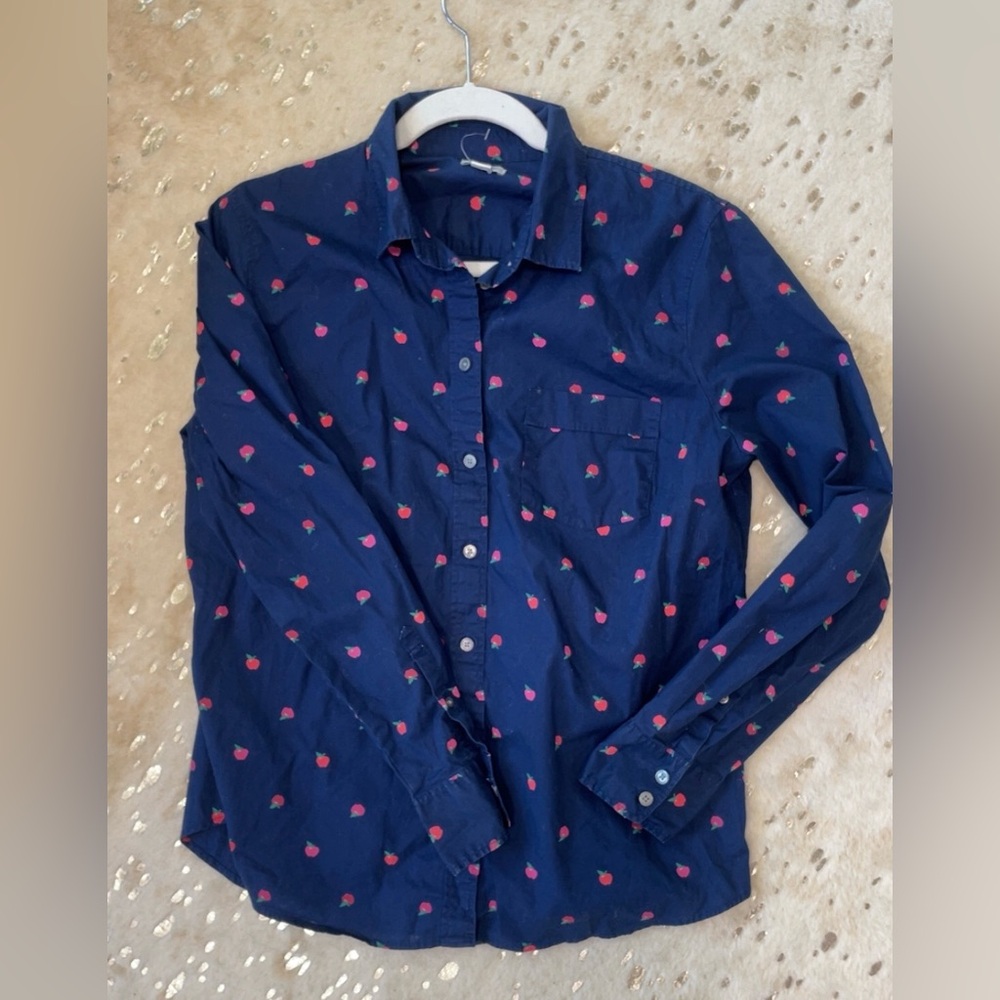 J. Crew Navy Poplin Shirt with Apple Print L - Picture 4 of 8